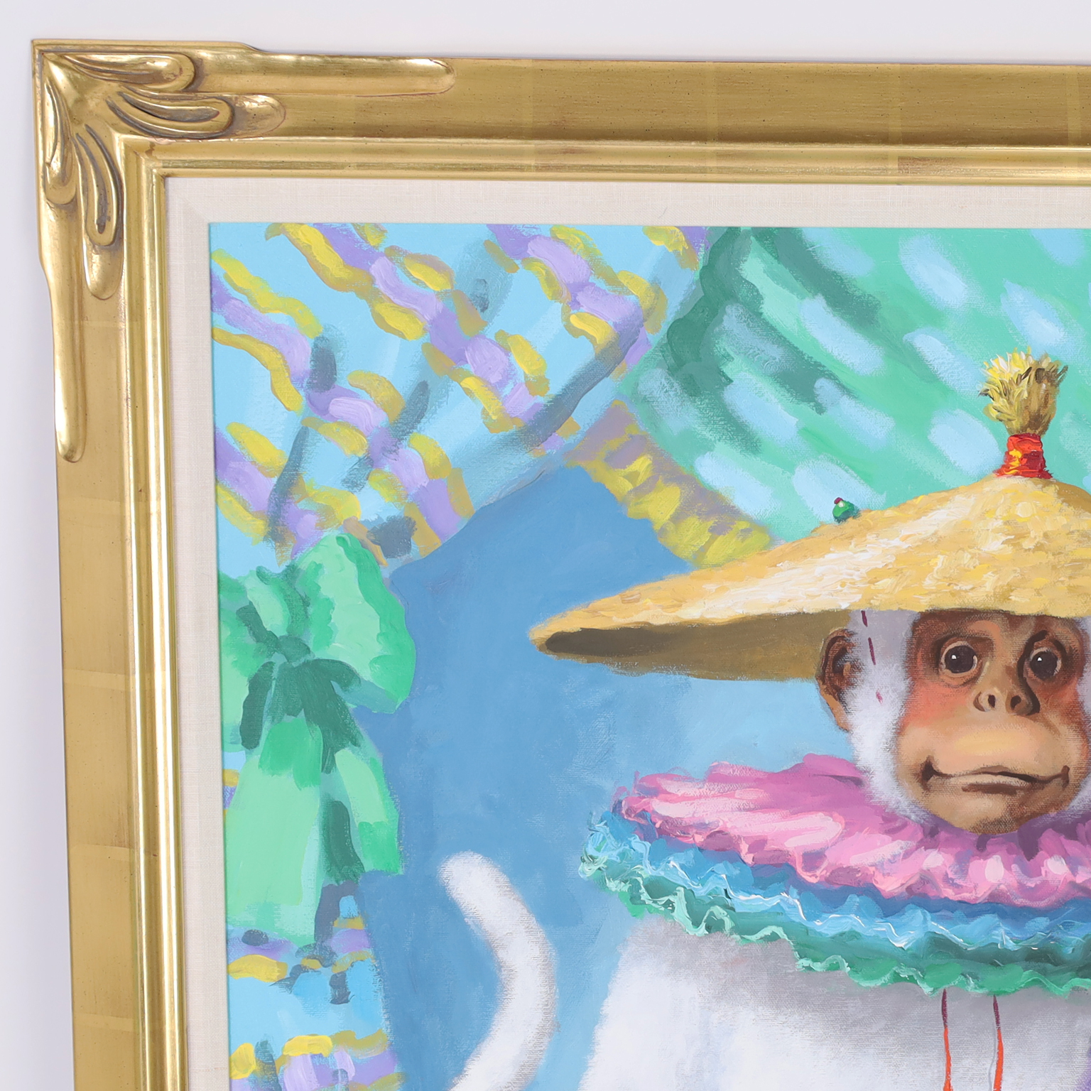 Vintage Pair of Whimsical Paintings on Canvas of Monkeys by Dan Poole