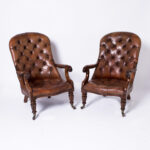 Antique Pair of English Button Tufted Leather Armchairs