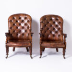 Antique Pair of English Button Tufted Leather Armchairs