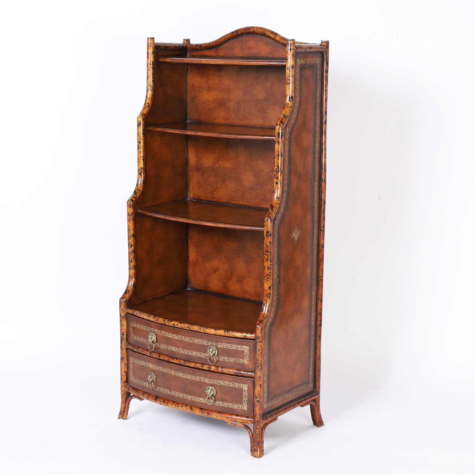 Mid Century British Colonial Style Faux Bamboo and Leather Bookcase