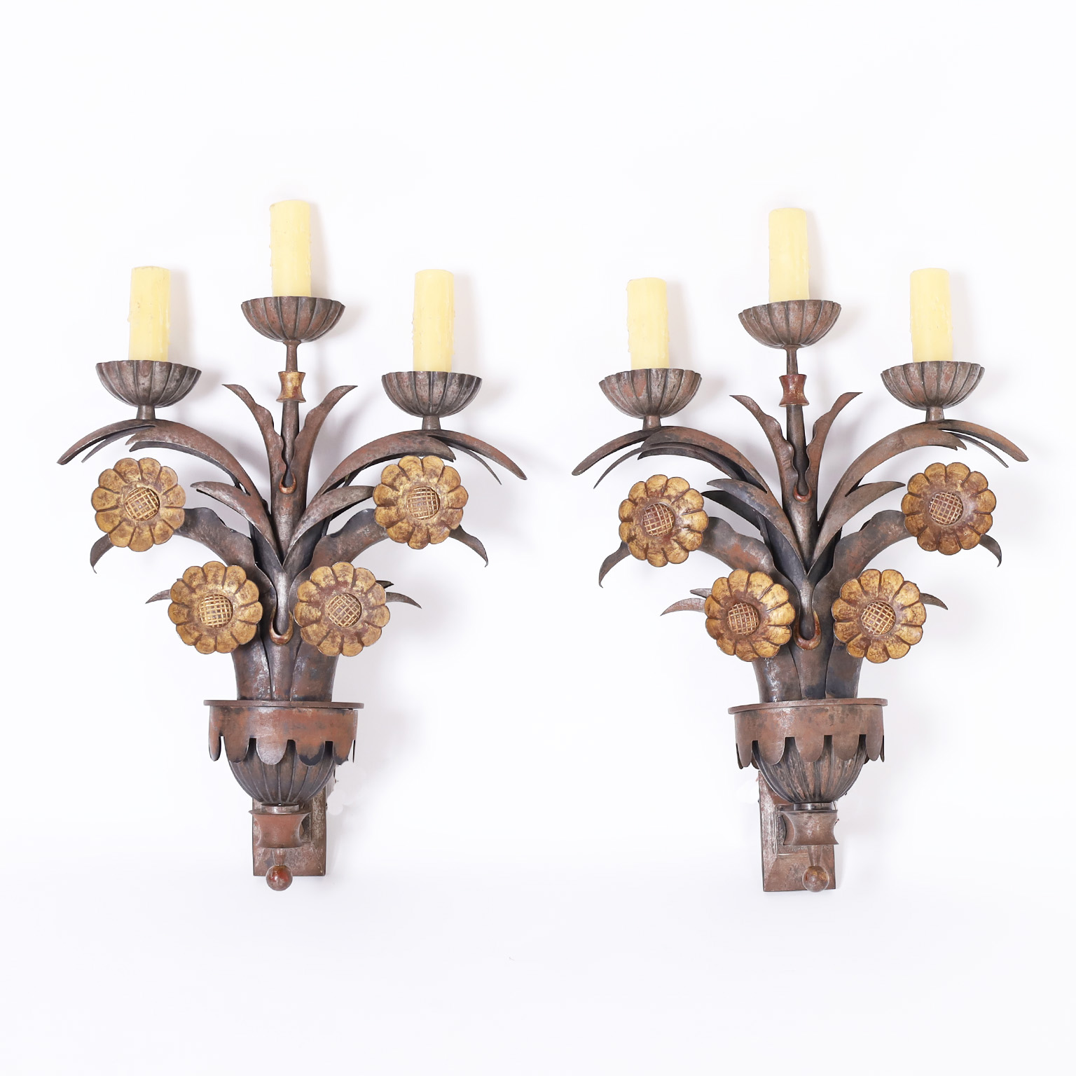 Antique Pair of French Art Deco Floral Wall Sconces