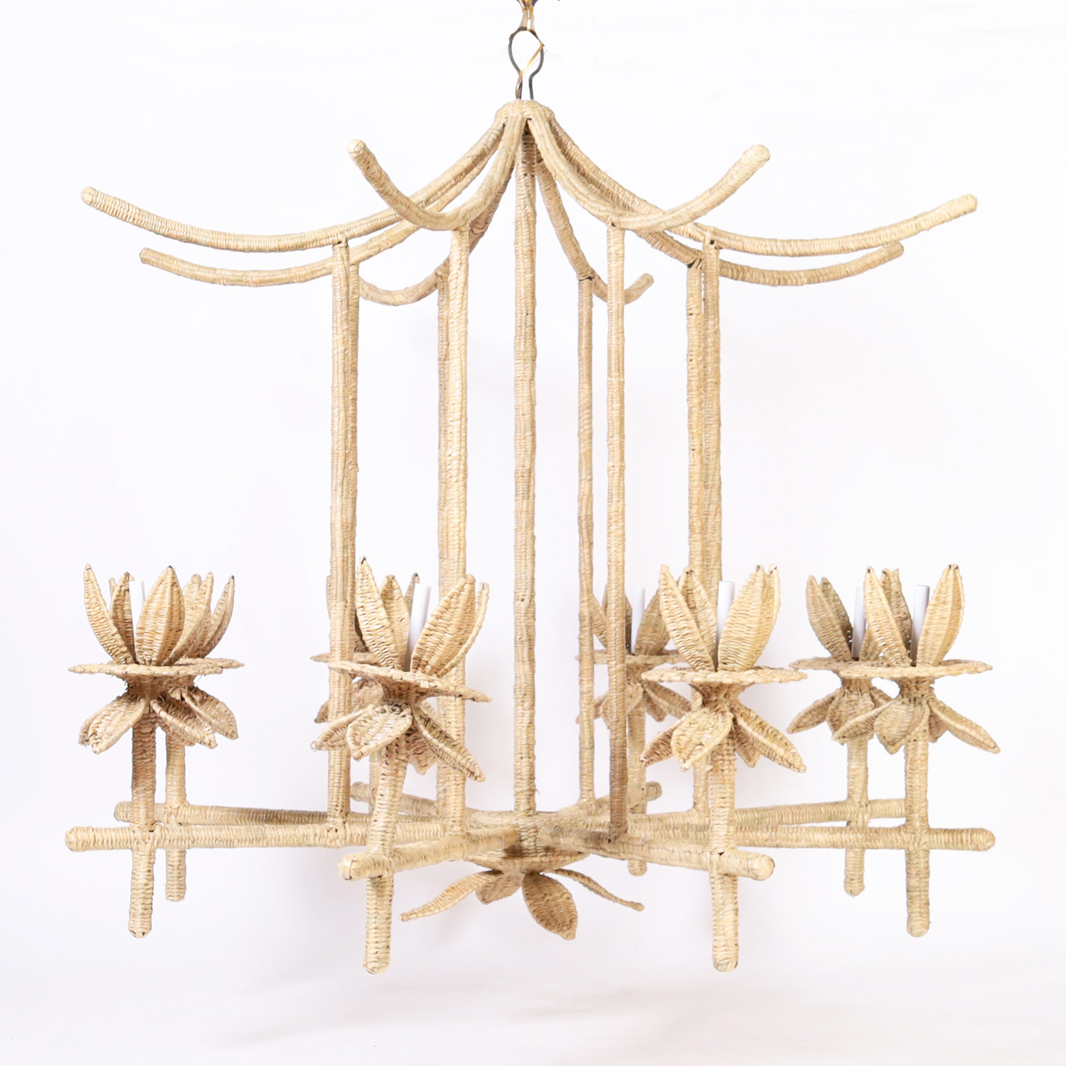 The Seychelles Woven Reed Pagoda Form Chandelier or Light Fixture from the FS Flores Collection