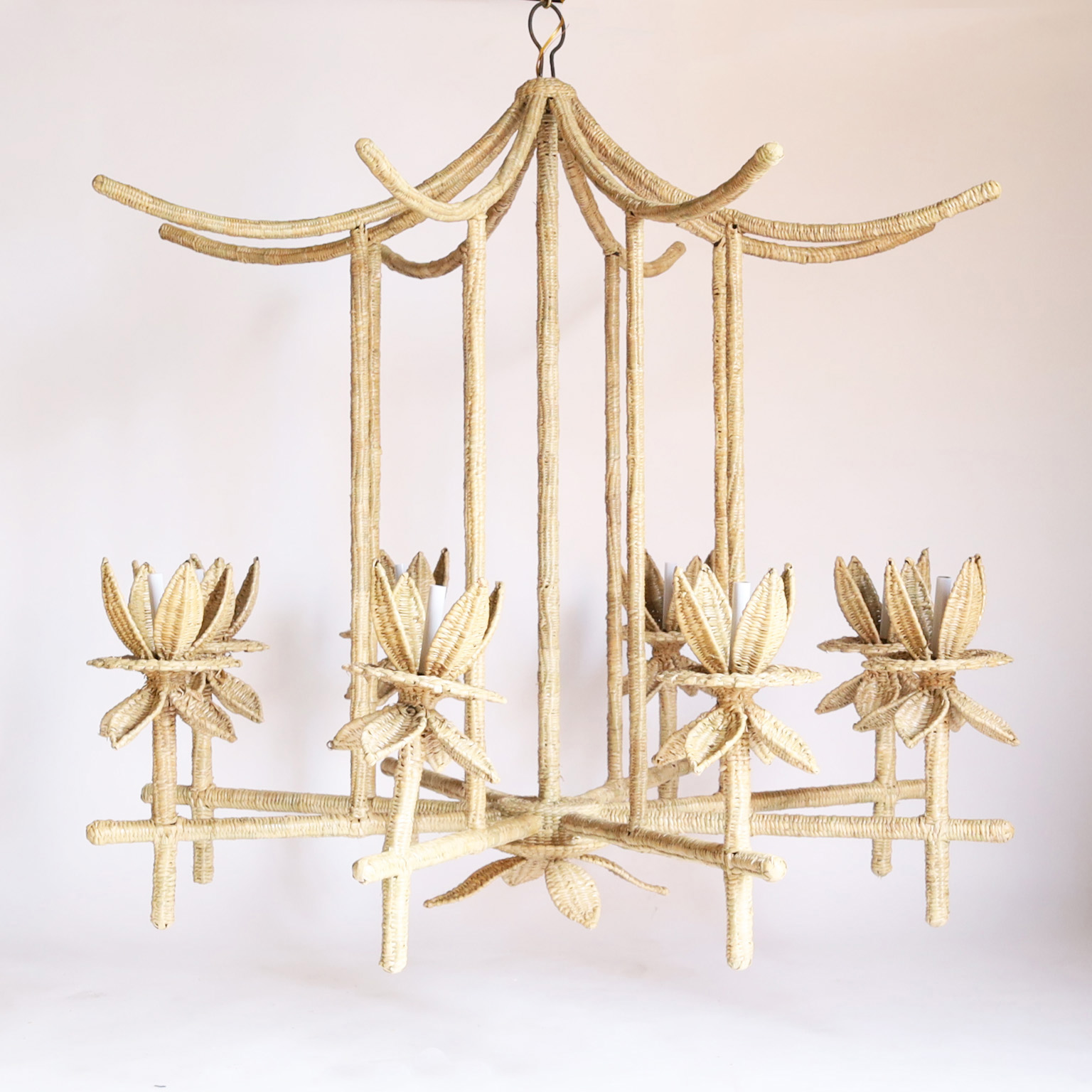 The Seychelles Woven Reed Pagoda Form Chandelier or Light Fixture from the FS Flores Collection