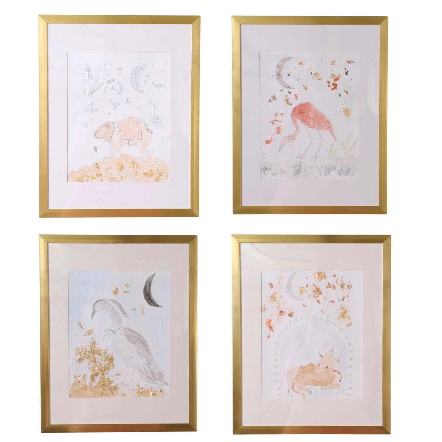 Set of Four Original Mixed Media Drawings of Animals
