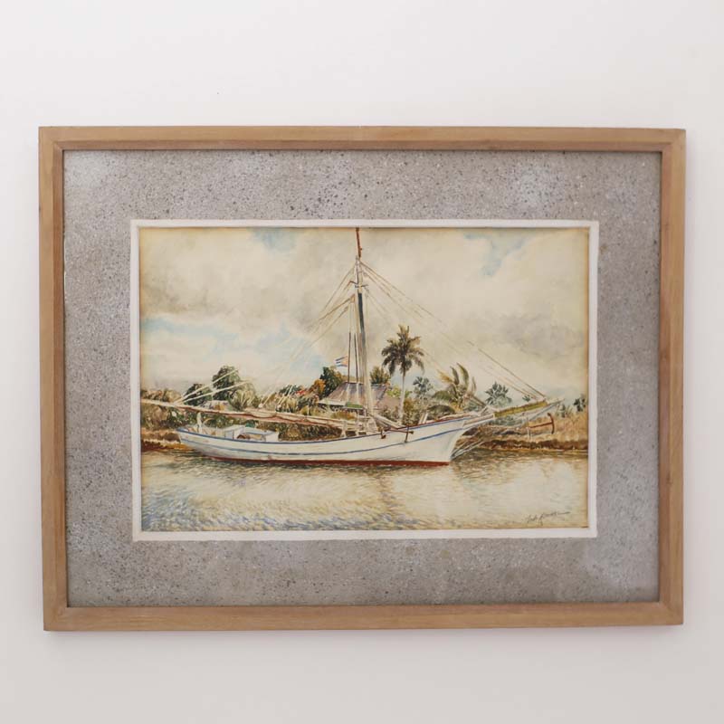 Framed Tropical Watercolor on Paper of a Cuban Sailboat