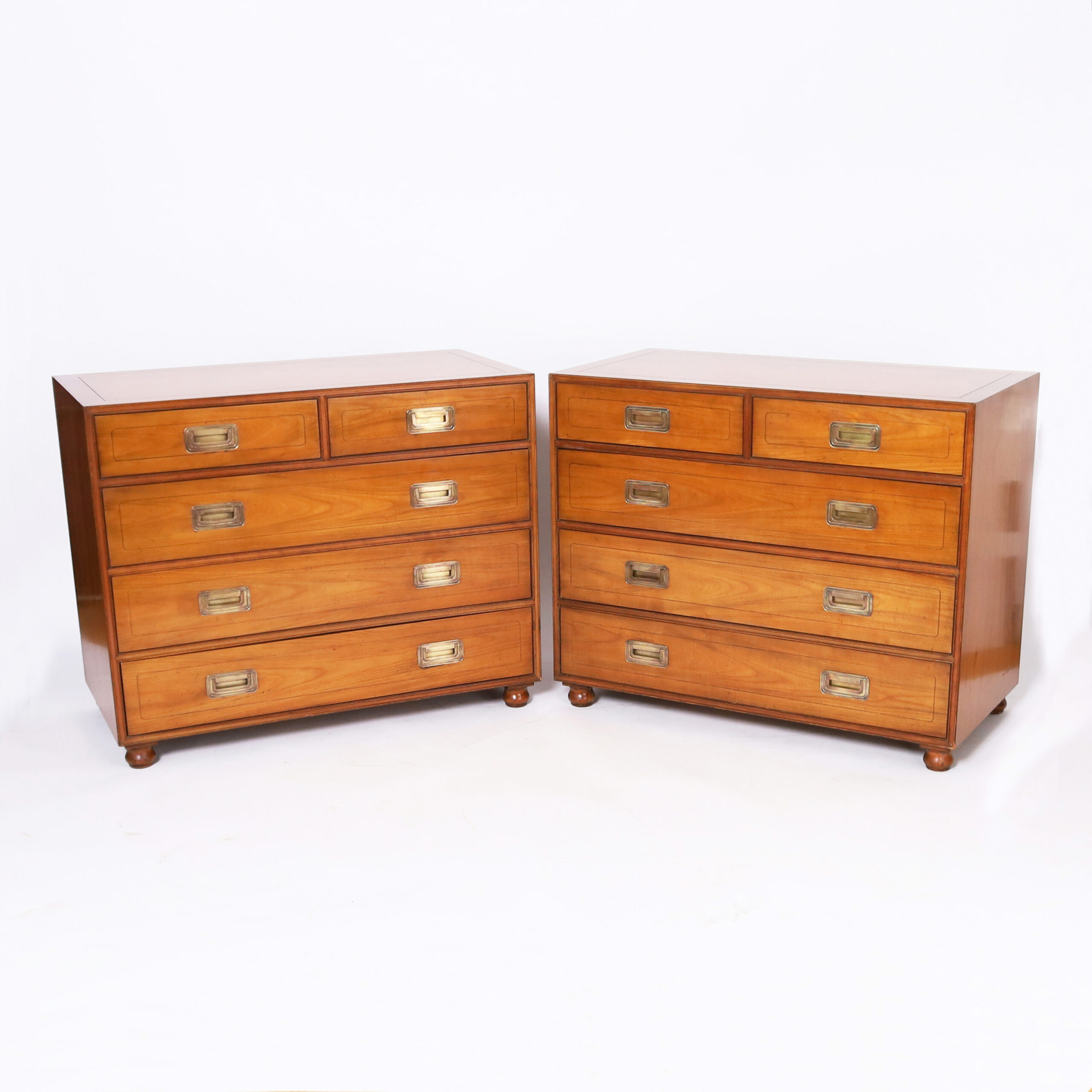 Mid Century Pair of Fruitwood Campaign Style Chests by Baker