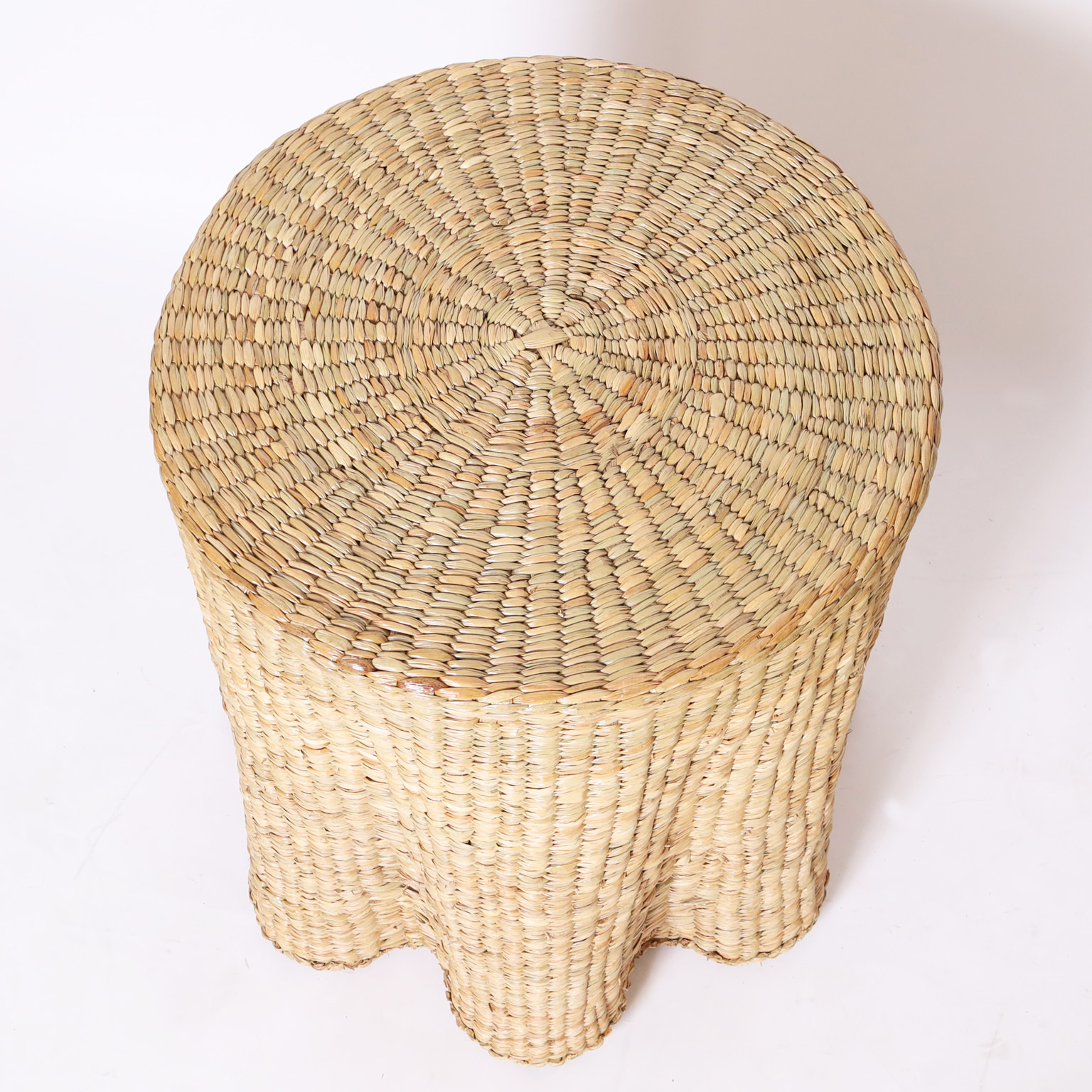 Pair of Round Ghost Drapery Woven Reed Stands from the FS Flores Collection