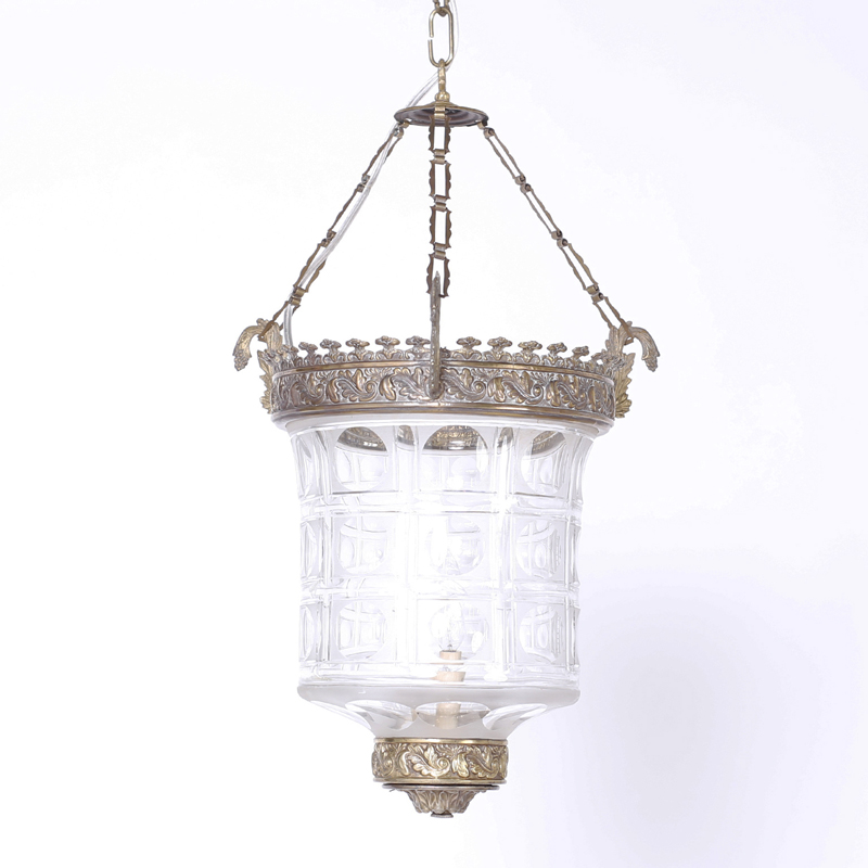 British Colonial Glass and Brass Pendant