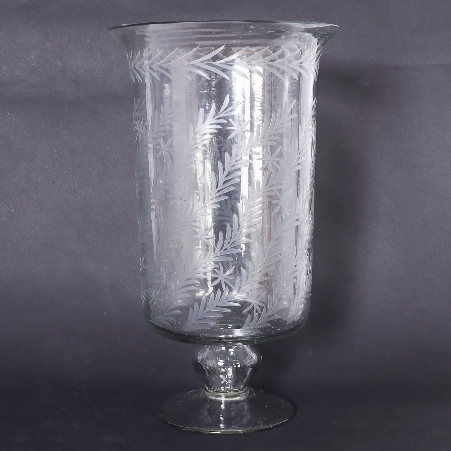 Pair of Floral Etched Glass Hurricane Candle Stands