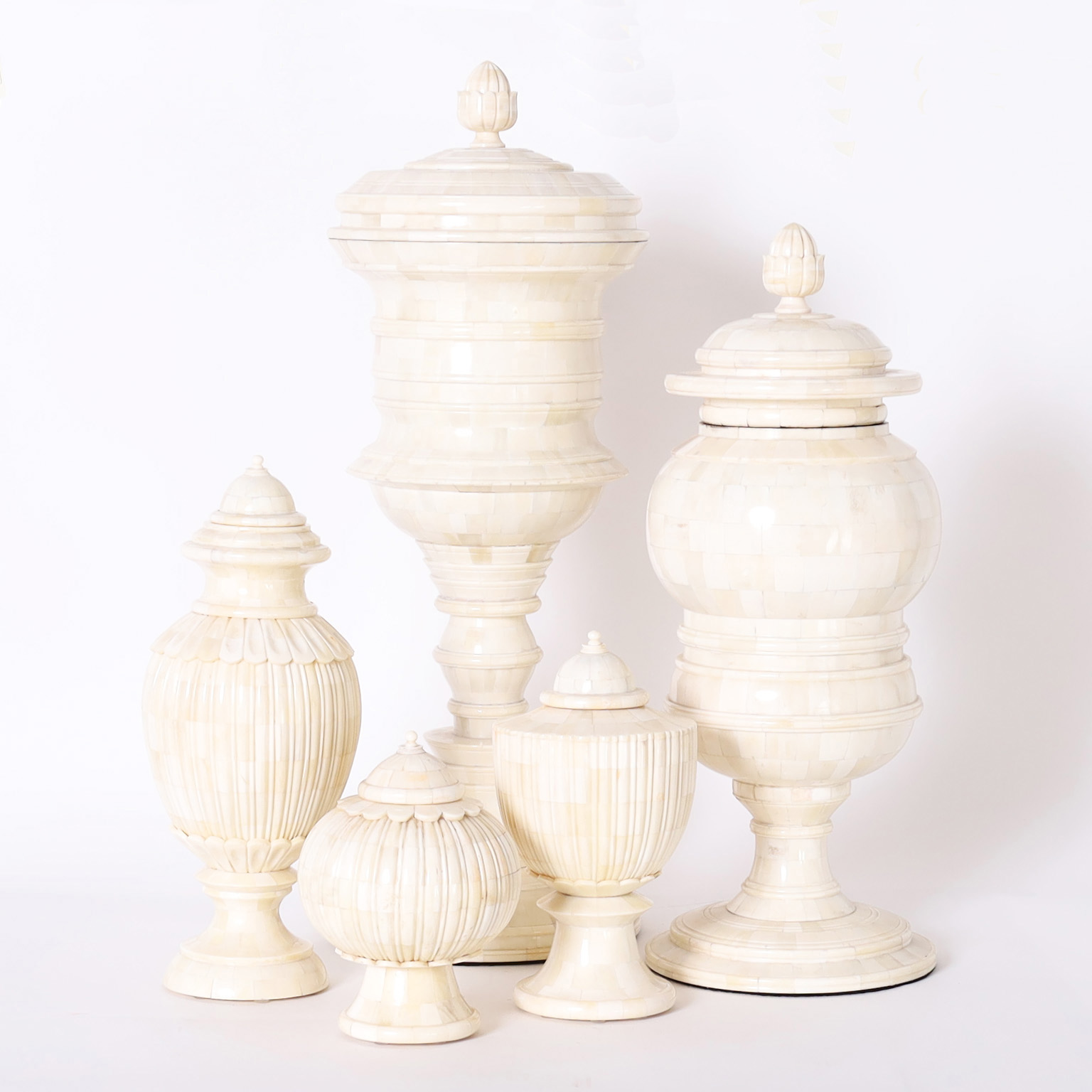 Group of Five Anglo Indian Lidded Bone Urns By Tozai