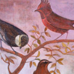 Group of Four Mixed Media Paintings on Canvas of Birds with a Lesson