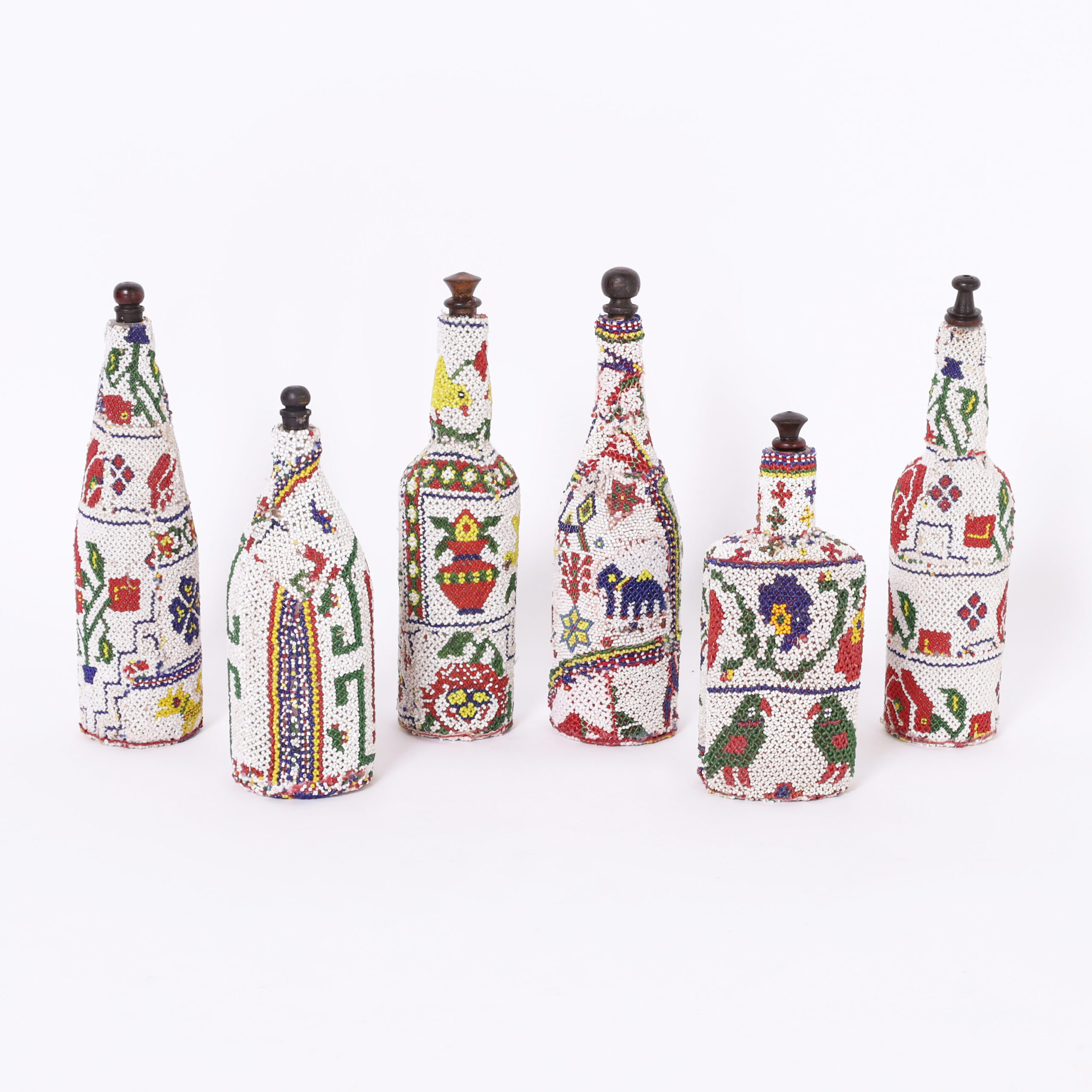 Group of Six Vintage African Glass Beaded Bottles, Priced Individually