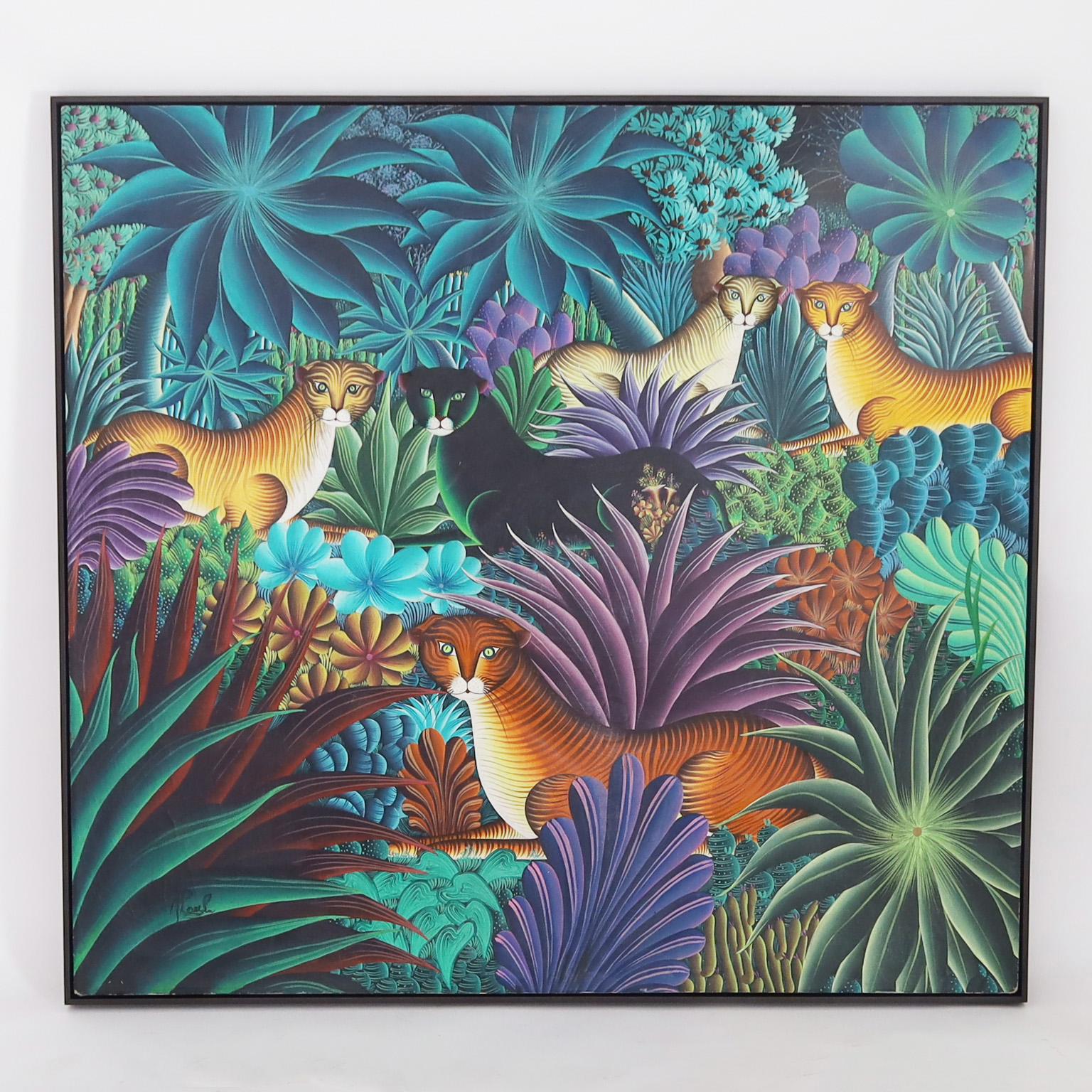 Haitian Painting on Canvas of Cats in a Jungle