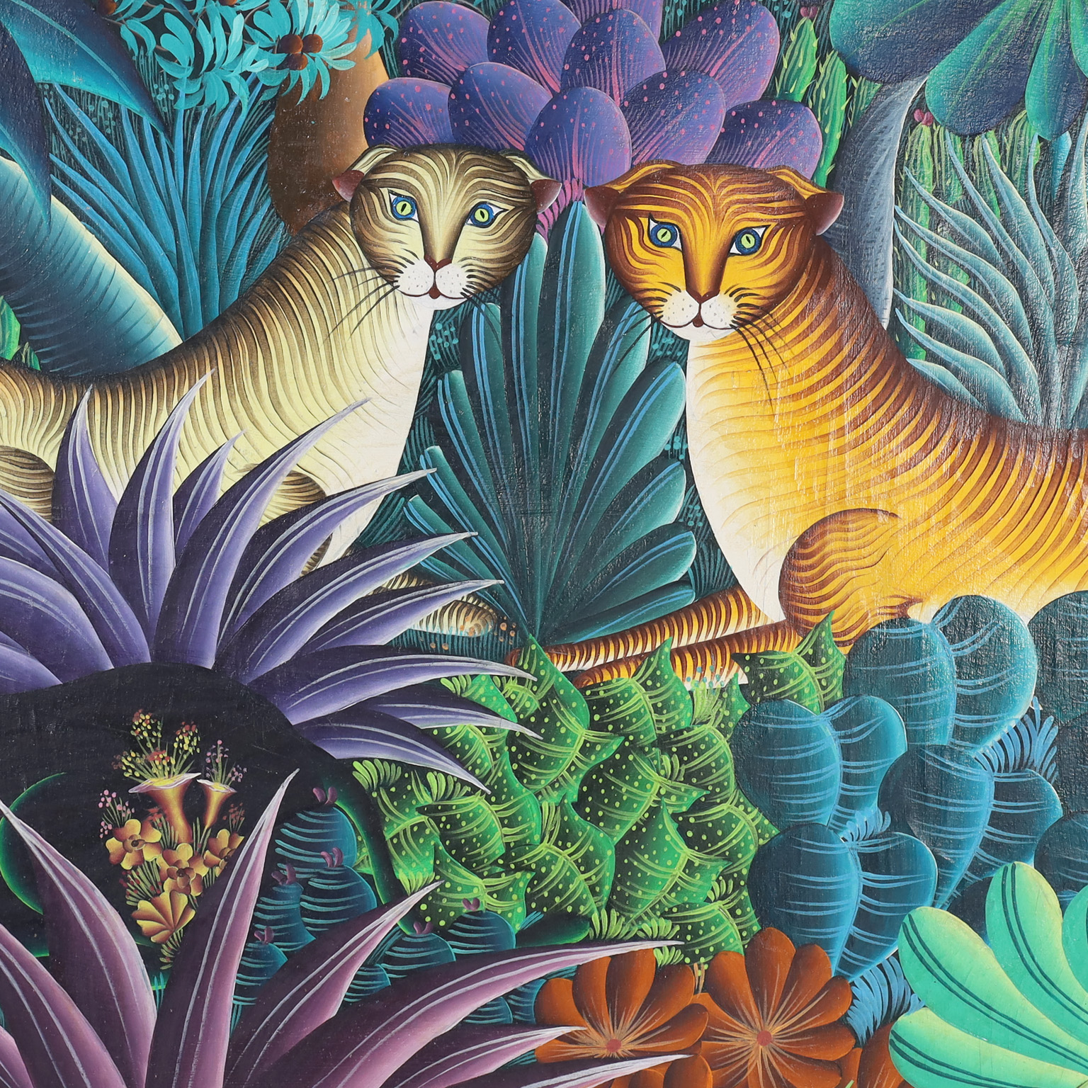 Haitian Painting on Canvas of Cats in a Jungle