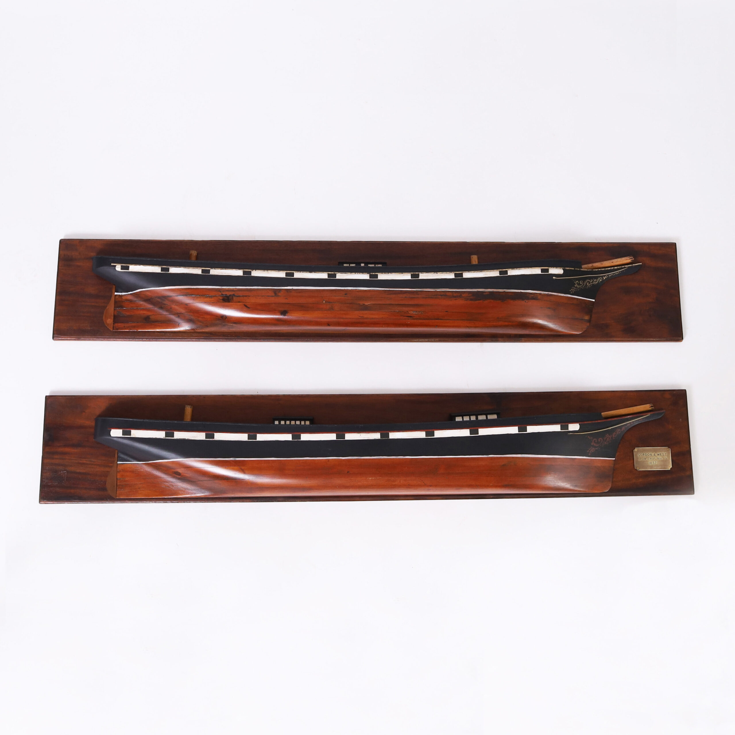 Pair of Antique Carved Wood Iron Ship Half Hull Models