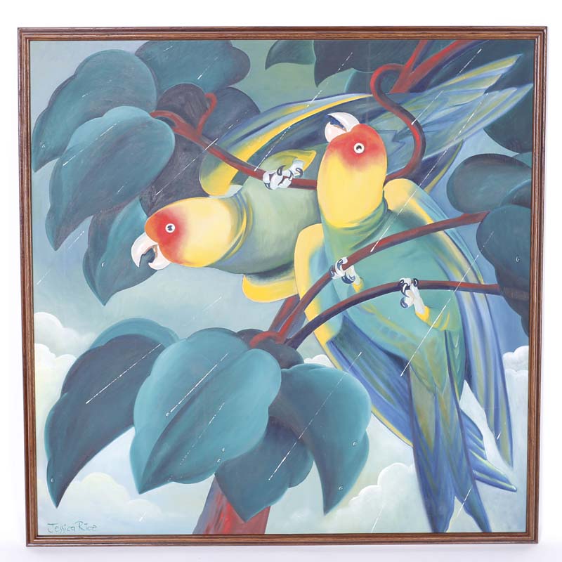 Mid Century Acrylic Painting on Canvas of Two Parrots in the Rain