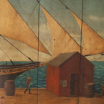 Large Oil Painting on Board of a Sailing Ship at Dock