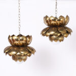 Large Pair of Mid Century Brass Lotus light Fixtures or Pendants by Feldman