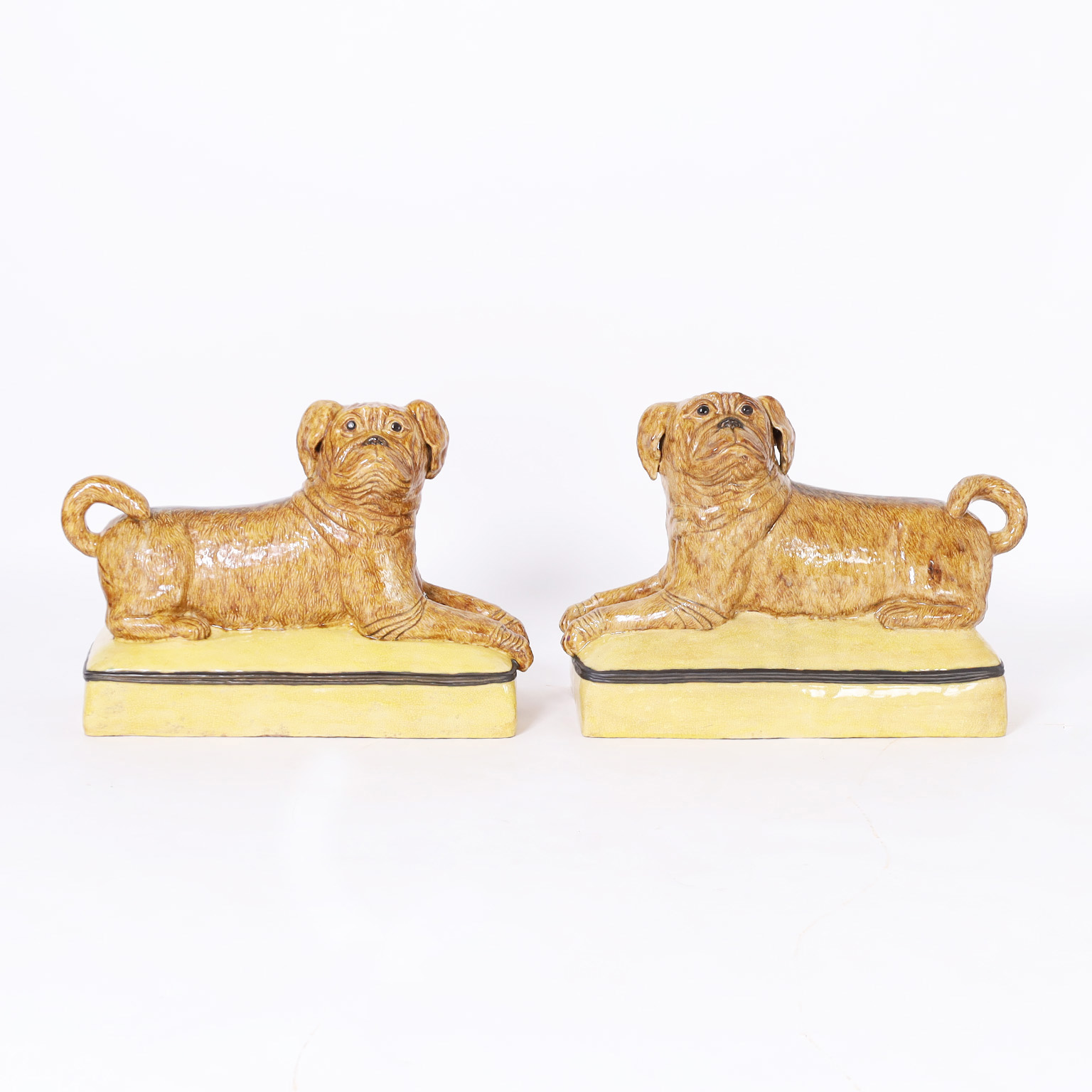 Pair of Mid Century Italian Ceramic Recumbent Dogs or Pugs
