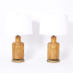 Pair of Mid Century Faux Leather Asian Modern Table Lamps