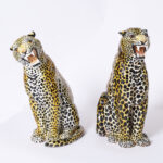 Pair of Vintage Italian Glazed Terra Cotta Leopard or Cat Sculptures