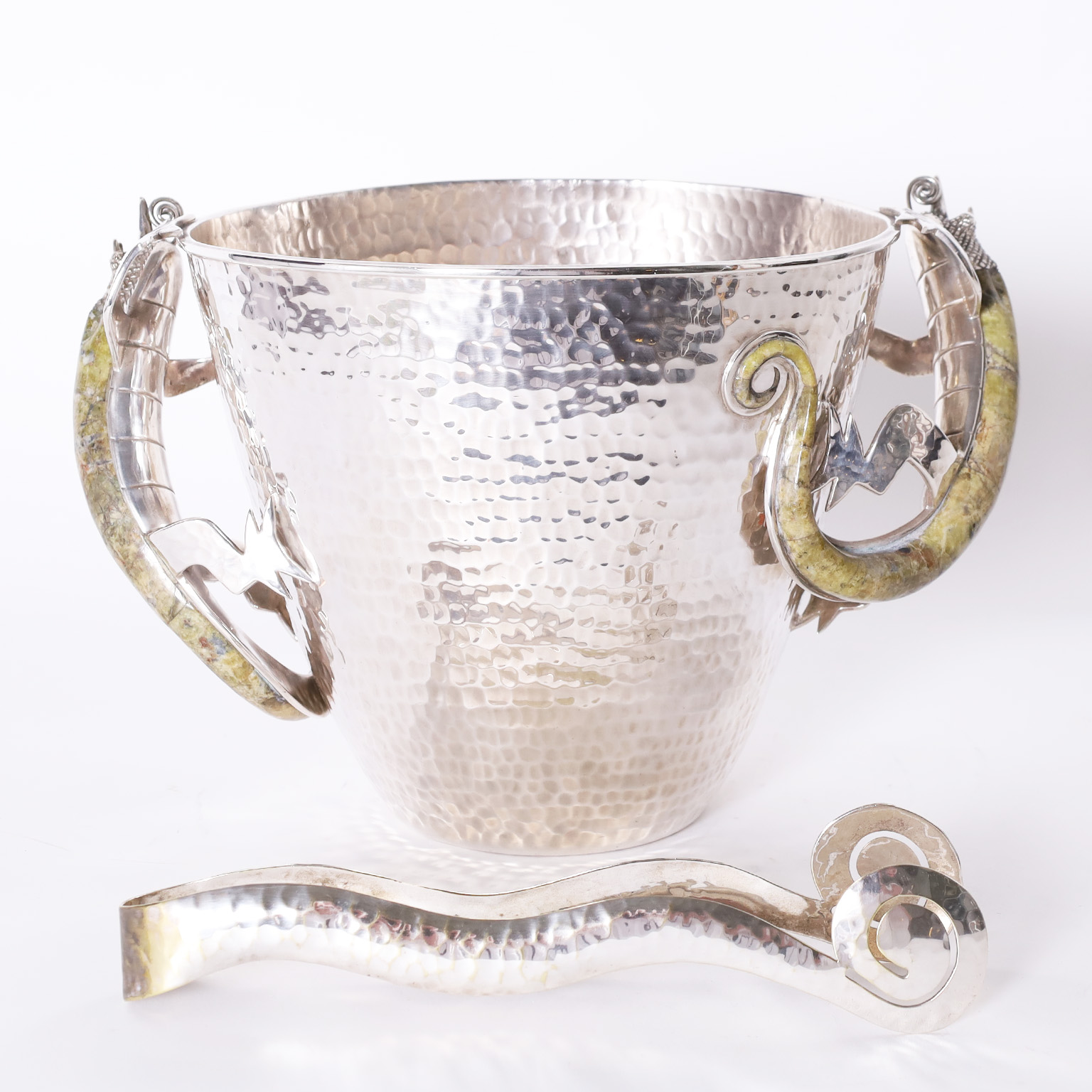 Silver Plate Ice Bucket and Tongs with Lizards by Castillo