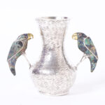 Los Castillo Silver Plate on Copper Vessel or Vase with Parrots