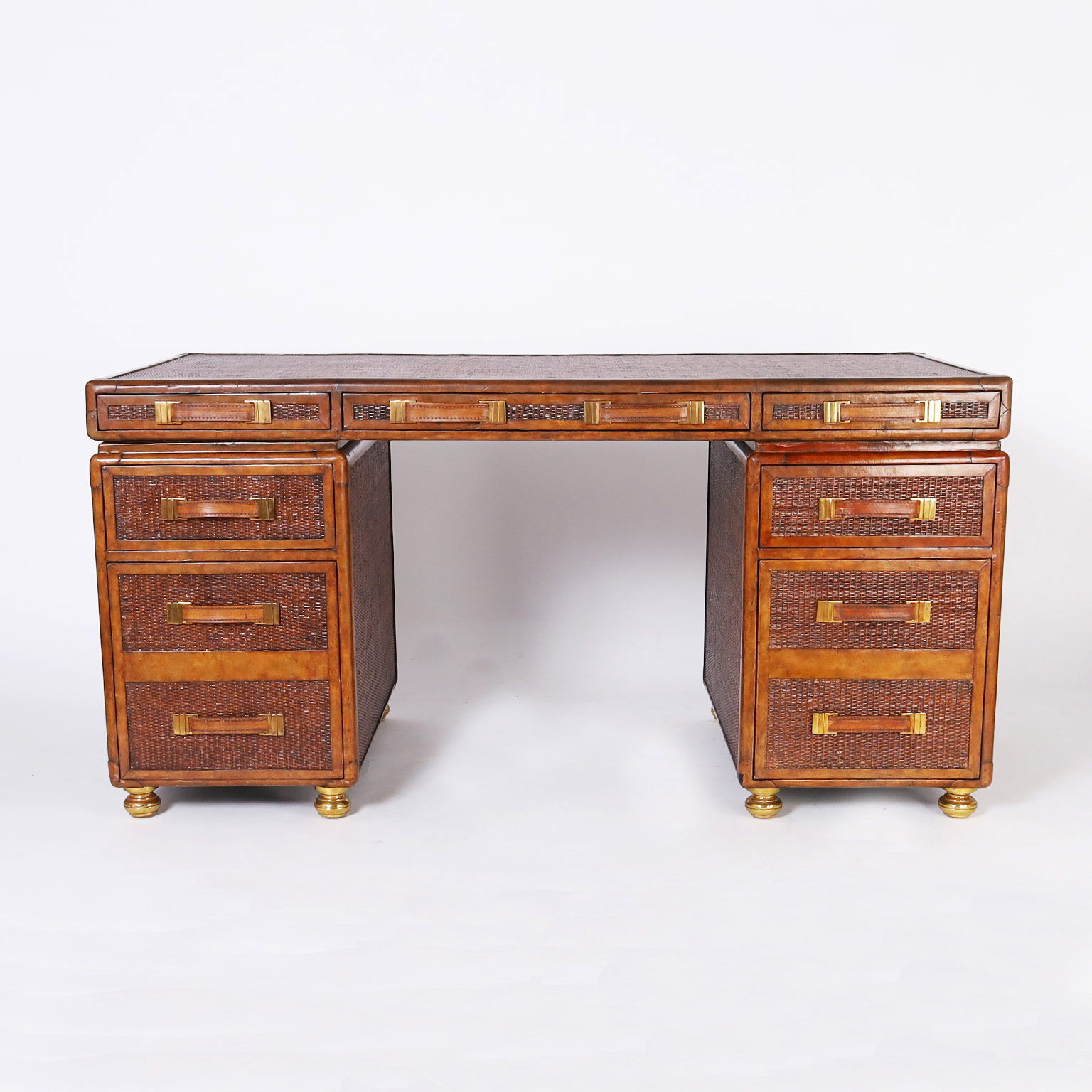 Mid Century British Colonial Style Grasscloth and Mahogany Desk