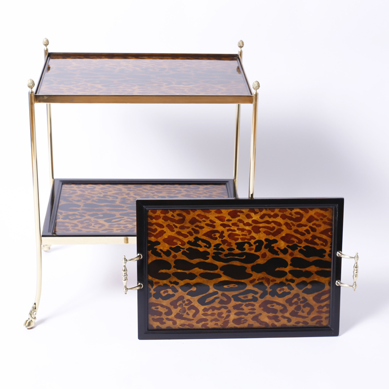Mid Century Brass and Leopard Print Server or Bar