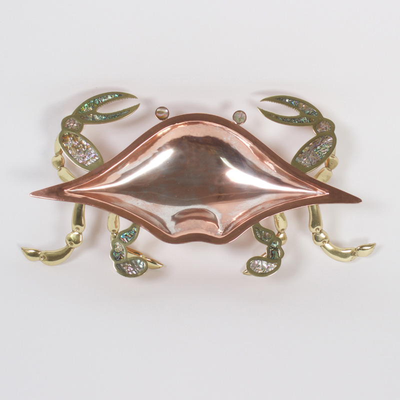 Mid Century Crab Brass and Abalone Serving Dish