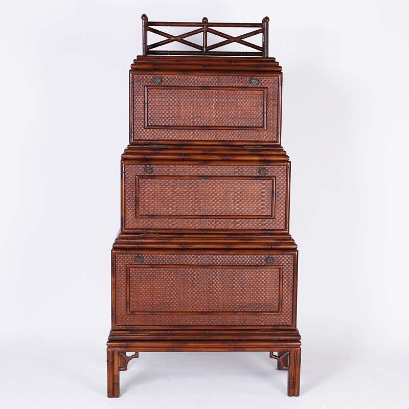 Mid Century British Colonial Grasscloth and Faux Bamboo Three Tiered Cabinet and Desk