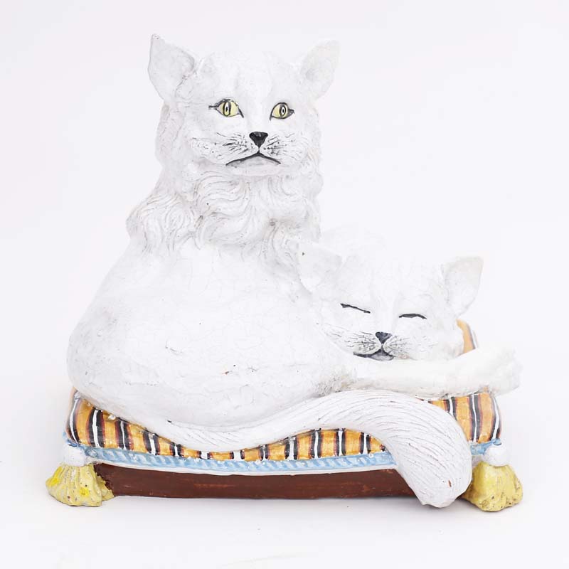 Mid Century Glazed Terra Cotta Two Cats on a Pillow