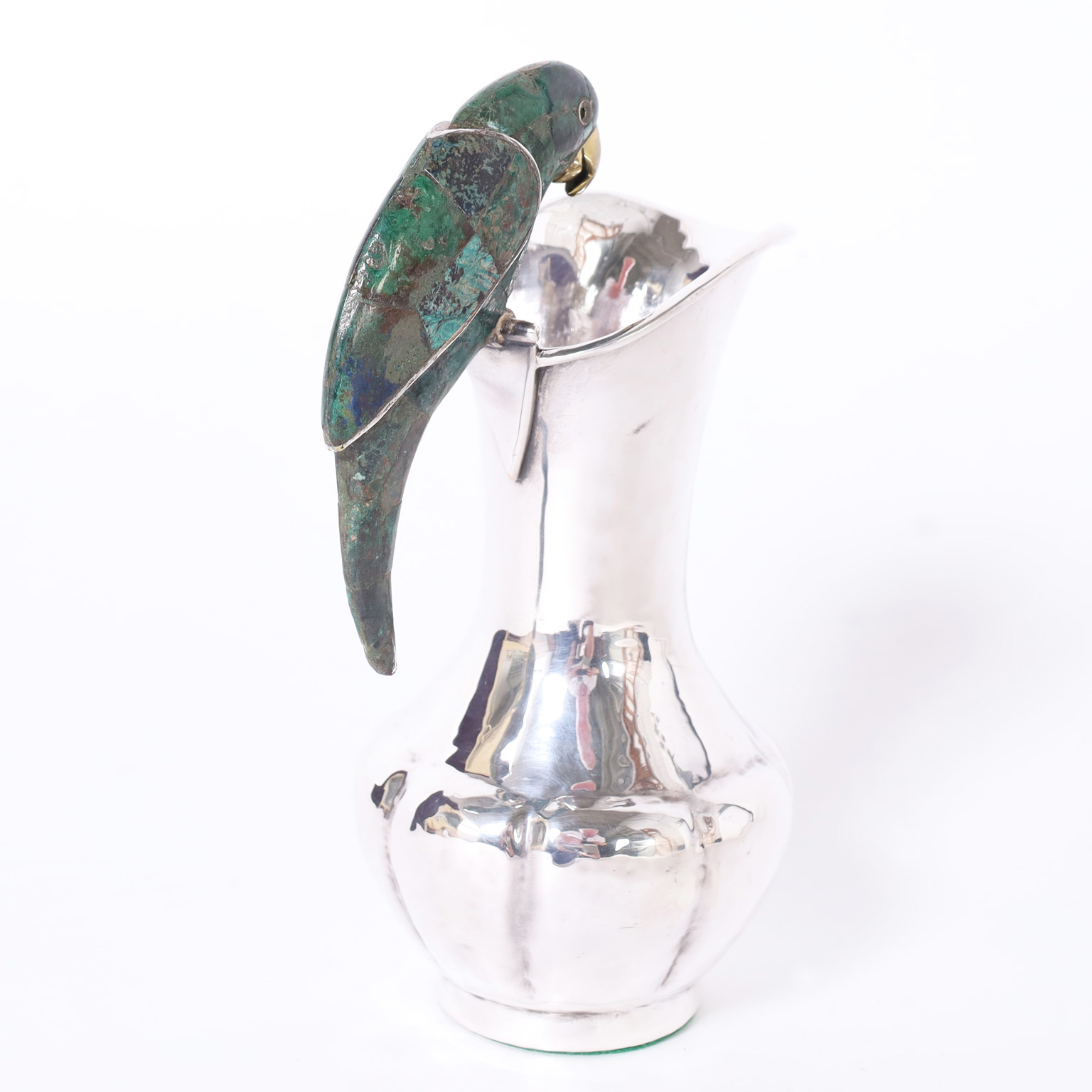 Mid-Century Los Castillo Silver Plate Pitcher with Stone Parrot Handle