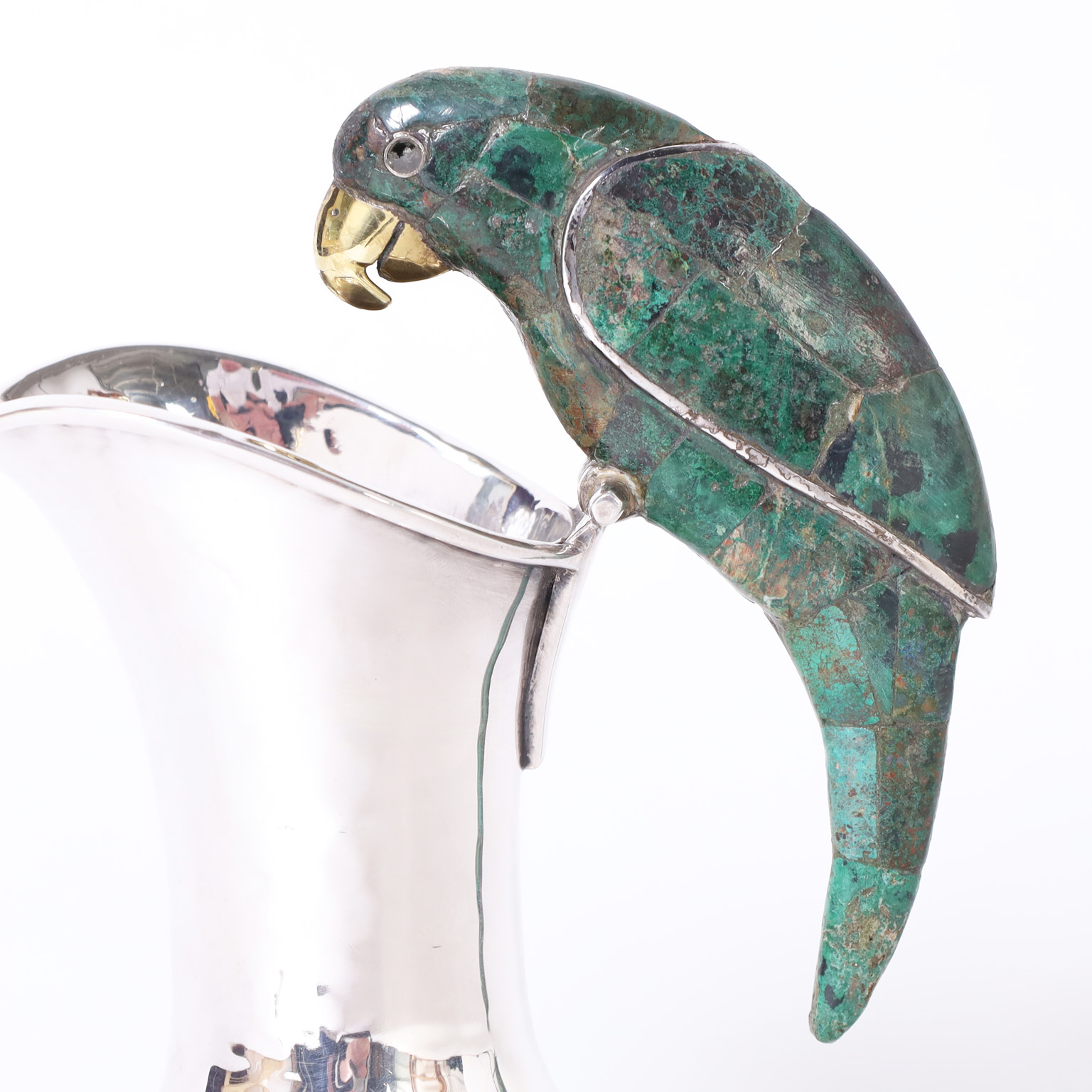 Mid-Century Los Castillo Silver Plate Pitcher with Stone Parrot Handle