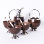 Mid-Century Set of Eight Serving Pieces of Sterling Silver and Coconut Shell