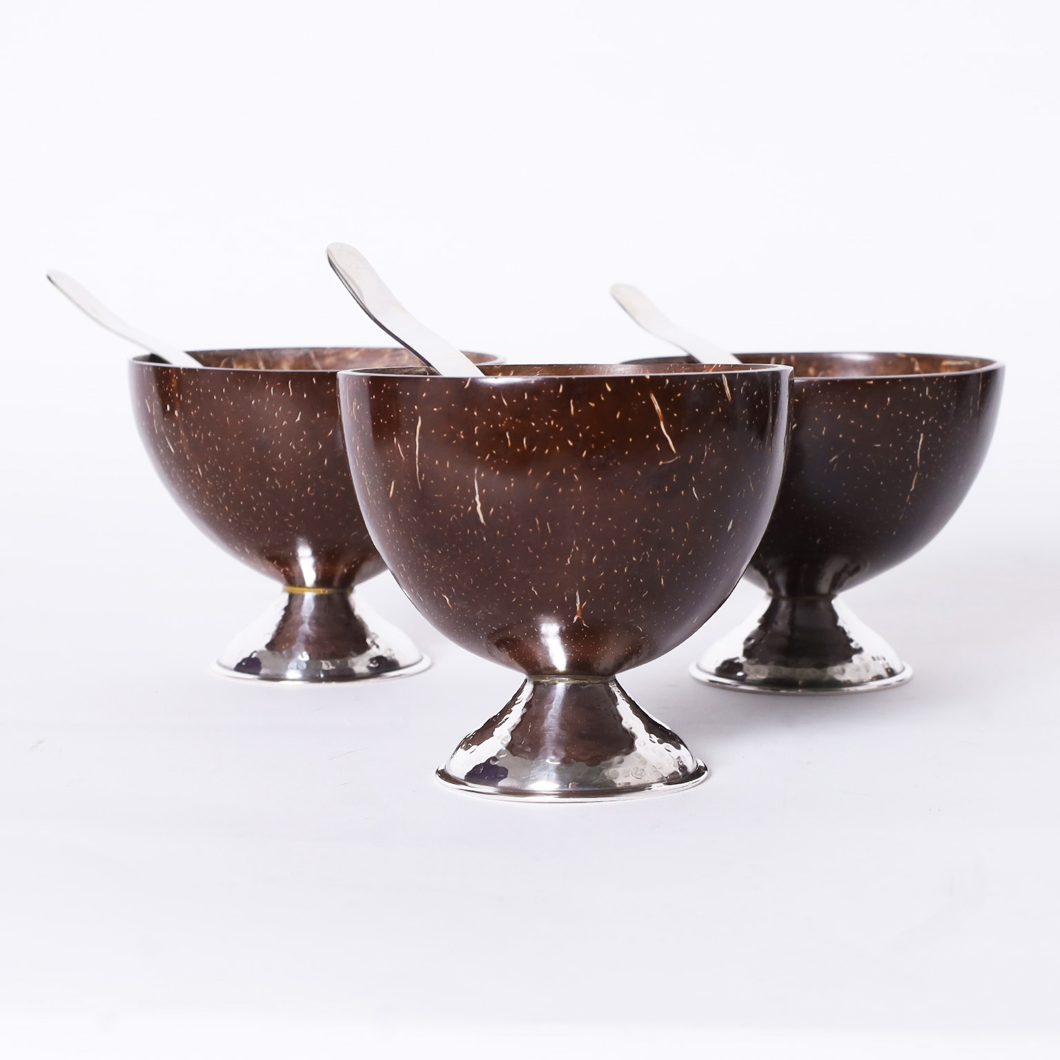 Mid-Century Set of Eight Serving Pieces of Sterling Silver and Coconut Shell