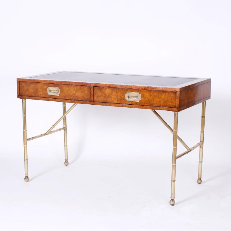 Mid Century Leather Top Writing Desk with Faux Bamboo Legs by Mastercraft