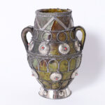 Mid Century Moroccan Earthenware Vase with Metalwork