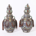 Pair of Moroccan Earthenware and Metalwork Lidded Urns
