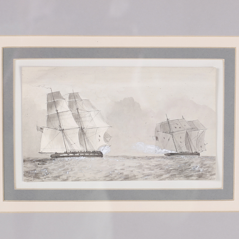 Antique Set of Nine Framed Pen and Ink Navel Sailing Ships