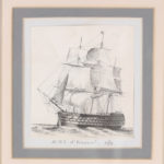 Antique Set of Nine Framed Pen and Ink Navel Sailing Ships