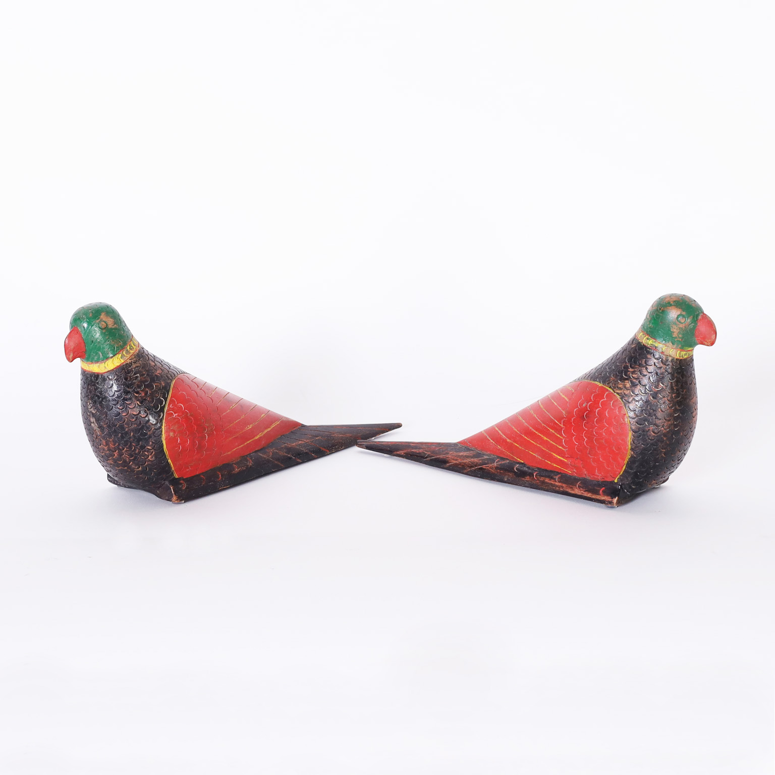 Pair of Anglo Indian Carved and Painted Wood Parrots
