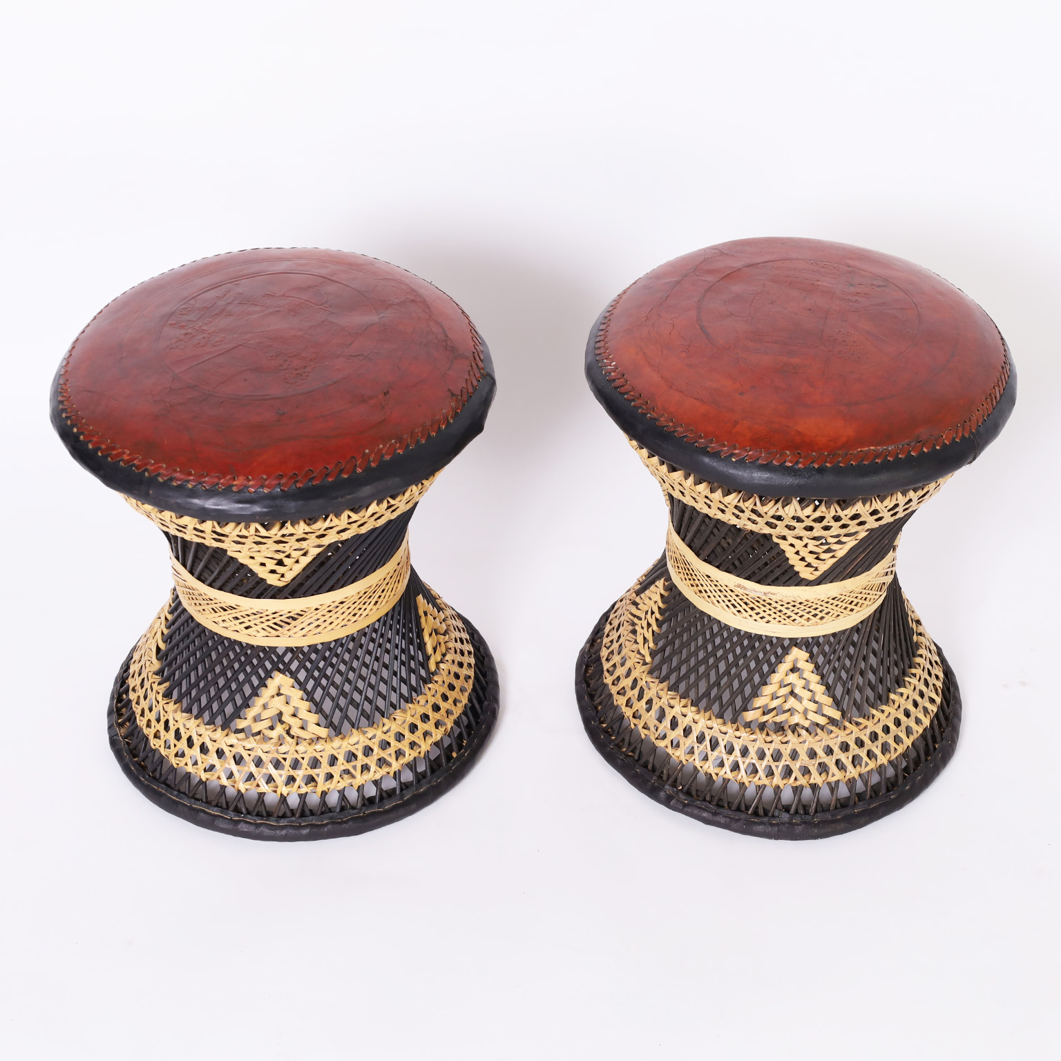 Pair of Vintage Leather and Wicker Anglo Indian Stools or Ottomans
