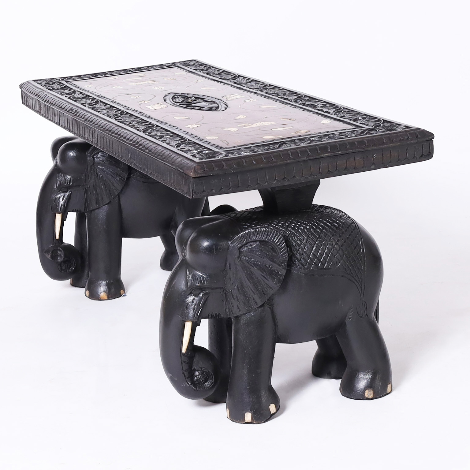 Pair of Antique Anglo Indian Carved Inlaid Tables with Elephants