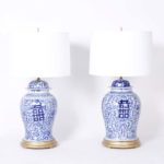Pair of Chinese Blue and White Porcelain Happiness Jar Table Lamps
