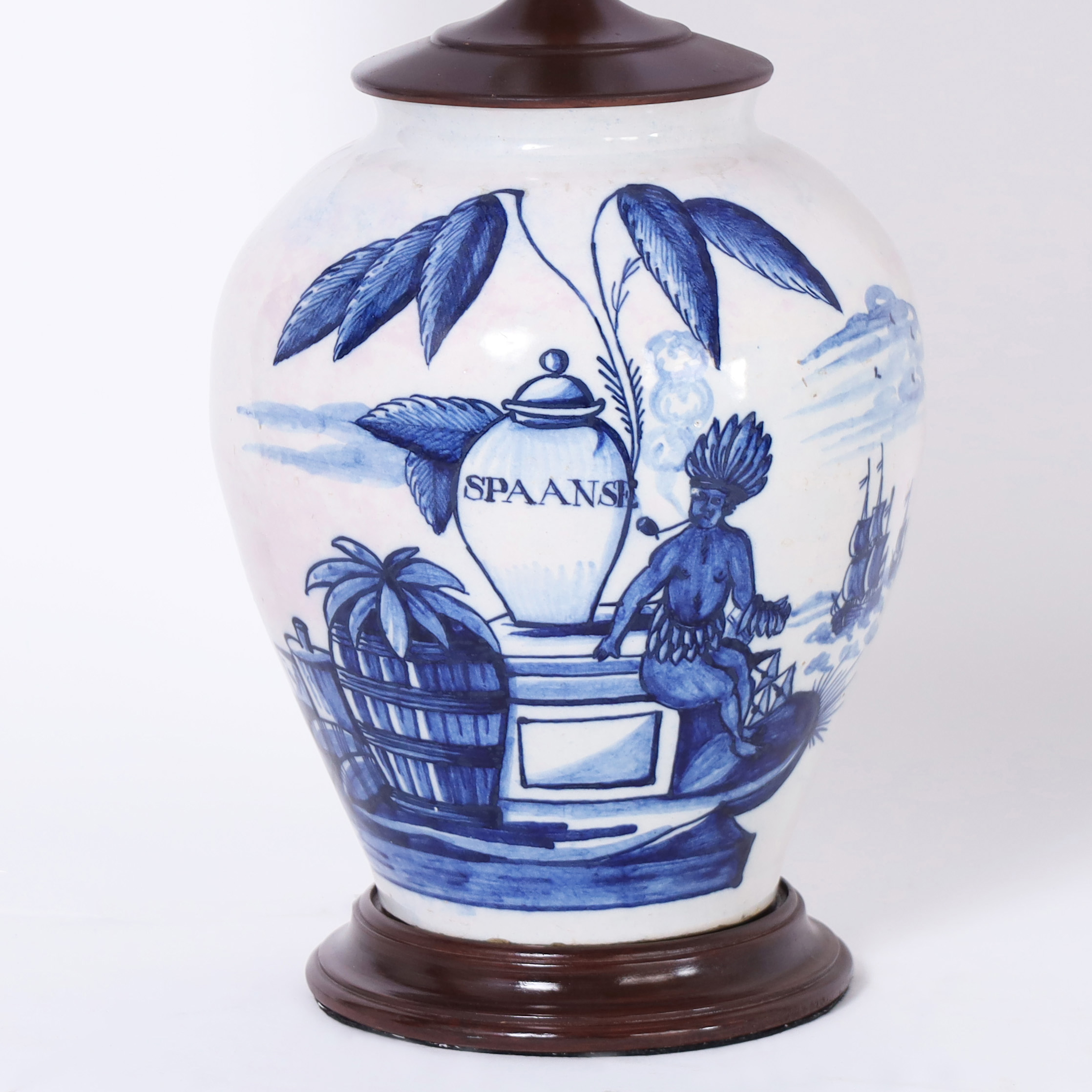 Pair of Antique Dutch Porcelain Blue and White Spice Jar Table Lamps