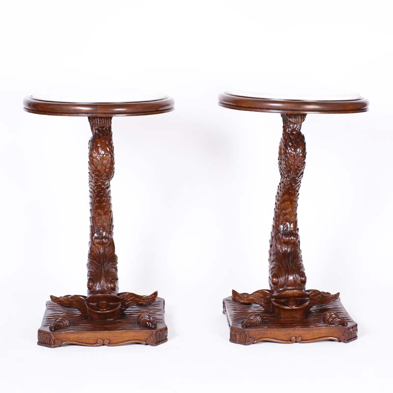 Pair of Antique English Carved Wood Dolphin Stands or Pedestals