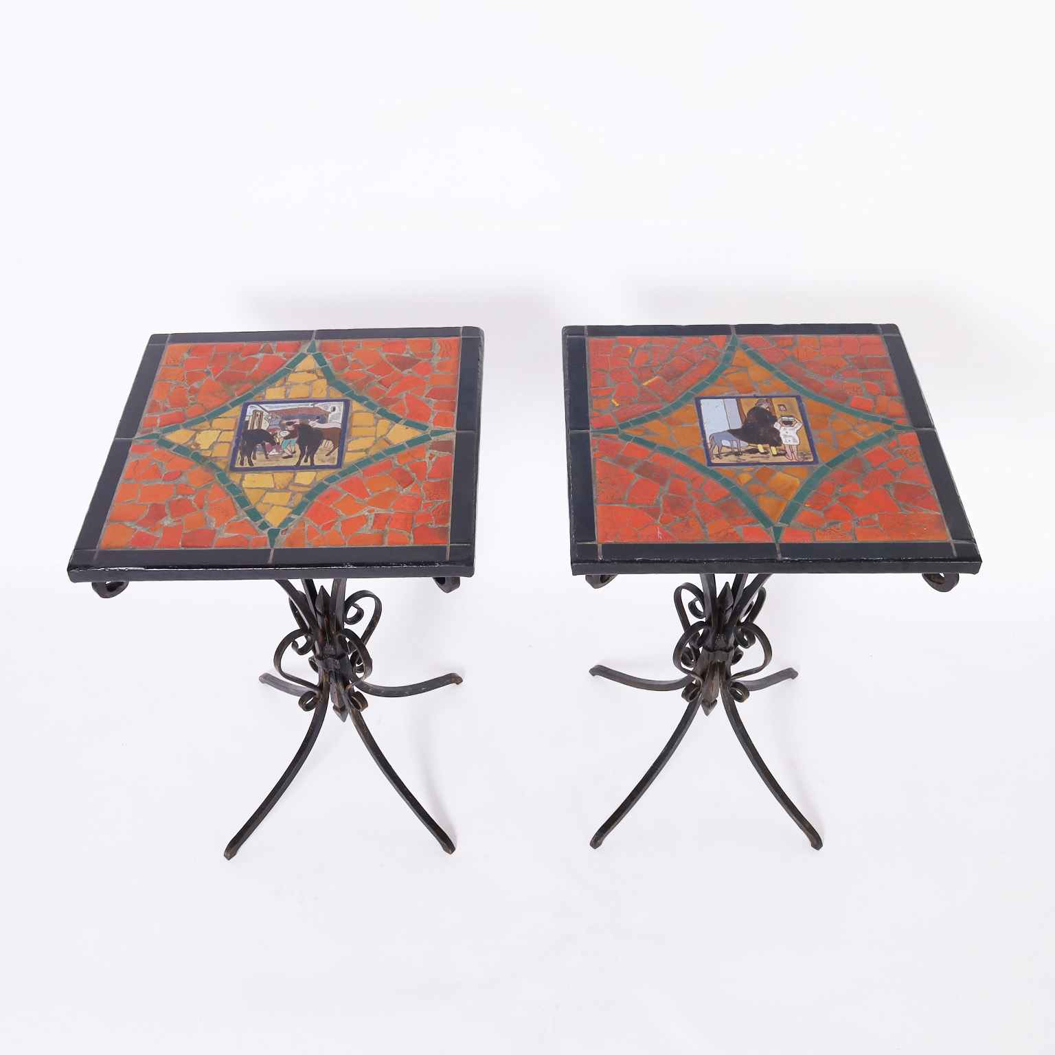 Pair of Antique French Tile Top Wrought Iron Tables