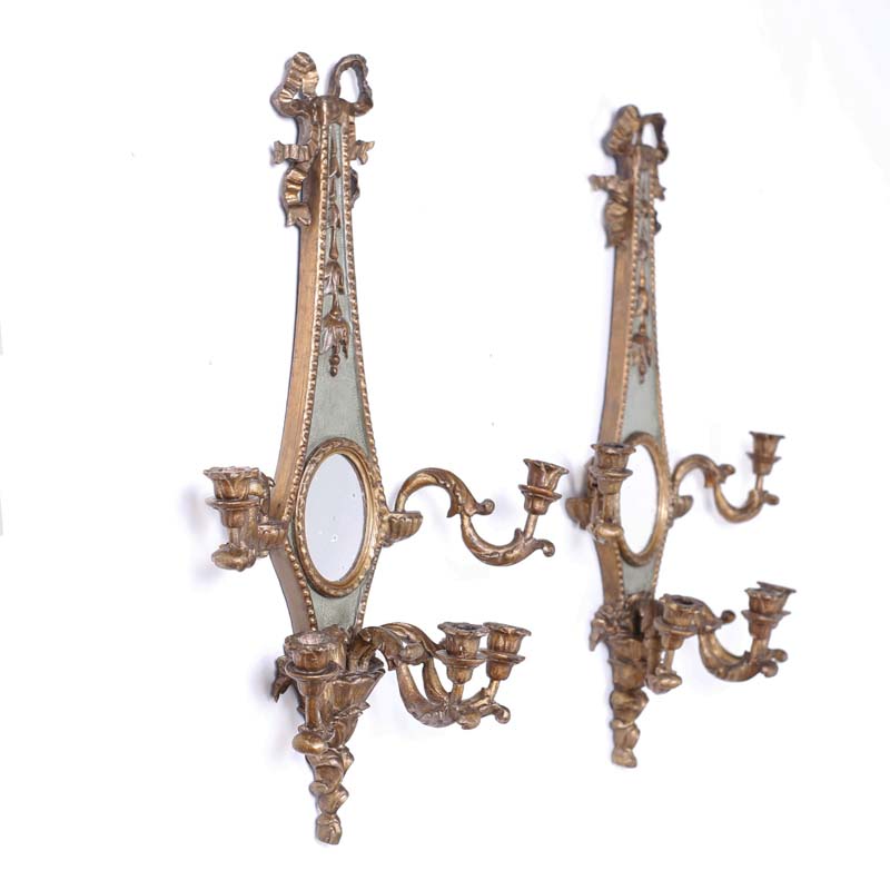 Pair of Antique Italian Carved Wood Gilt and Painted Wall Sconces
