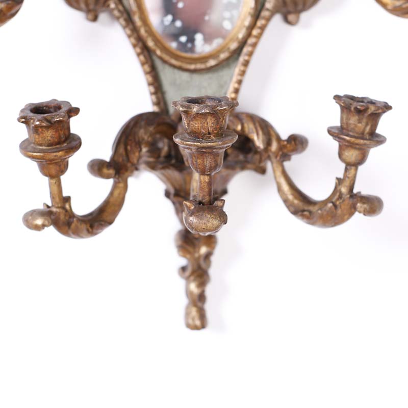 Pair of Antique Italian Carved Wood Gilt and Painted Wall Sconces